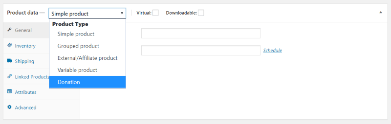 Selecionando Doação como tipo de produto em Doações potentes para WooCommerce