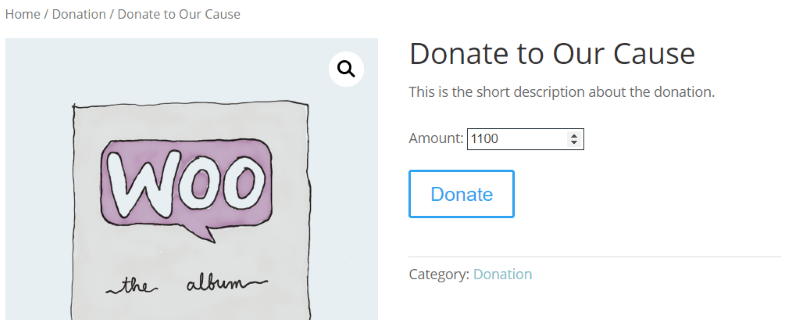 Visualização de front-end da doação configurada com o plug-in Potent Donations for WooCommerce