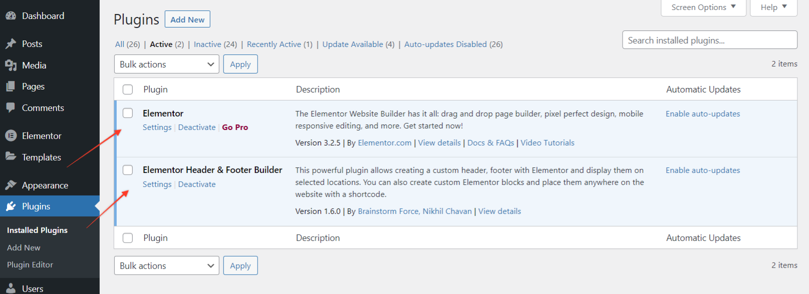 เปิดใช้งานปลั๊กอิน Elementor และ Elementor Header & Footer Builder