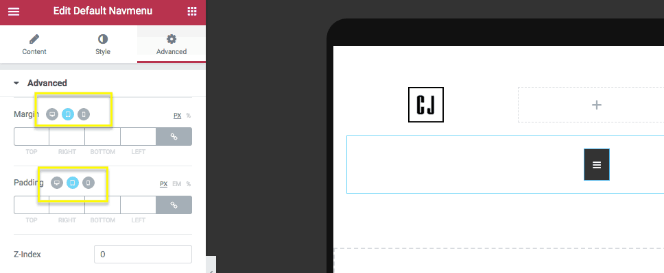 Responsive Padding-Optionen von Elementor