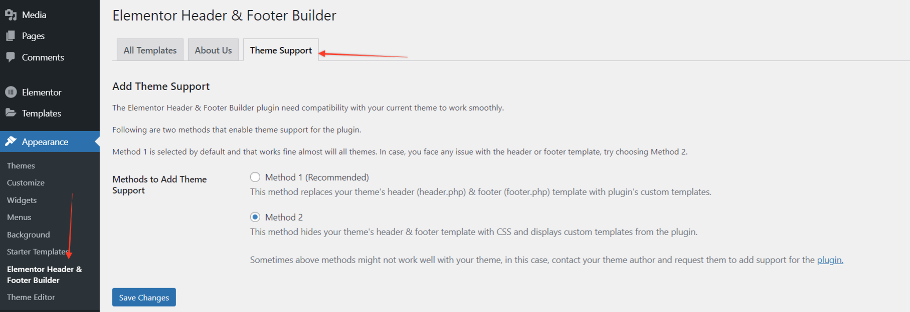 Impostazioni del supporto del tema di Elementor Header & Footer Builder