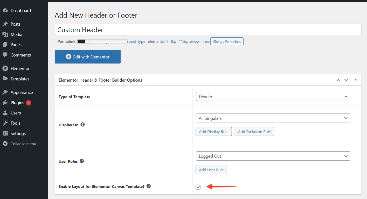 Disposition du canevas Elementor Header & Footer Builder