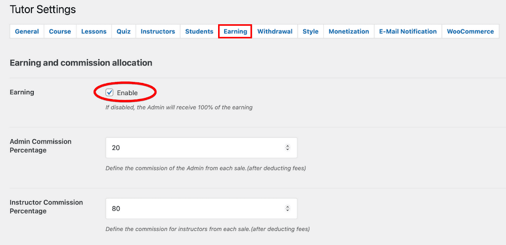 Habilitar ganancias de Tutor LMS