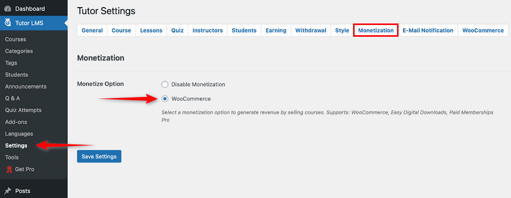 Tutor LMS mengaktifkan monetisasi WooCommerce