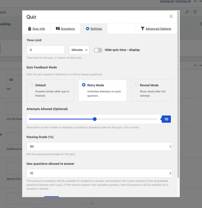 Configurações do questionário 3