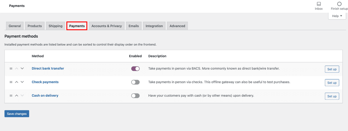 Paramètres de paiement WooCommerce