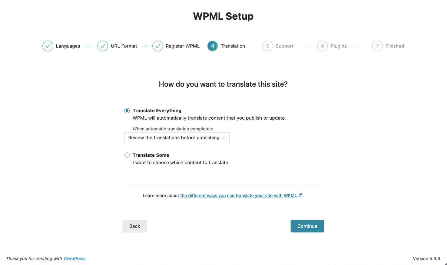 Opções de tradução do WPML