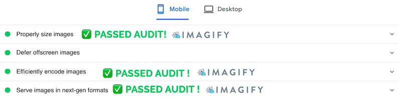 Audit a trecut cu Imagify - Sursa: PageSpeed ​​Insights