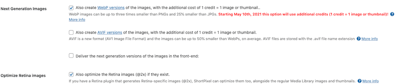 Opzione WebP e compressione all'85% - Fonte: ShortPixel