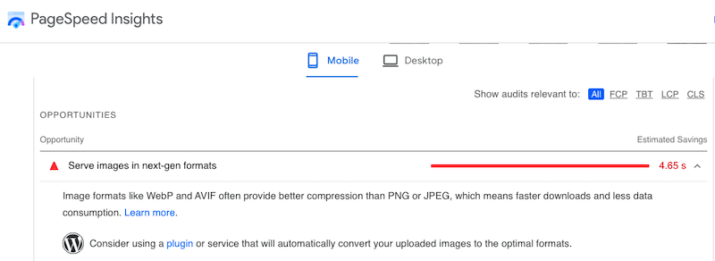 WebP 또는 AVIF 형식의 이미지 제공을 권장하는 Google - 출처: PageSpeed ​​Insights