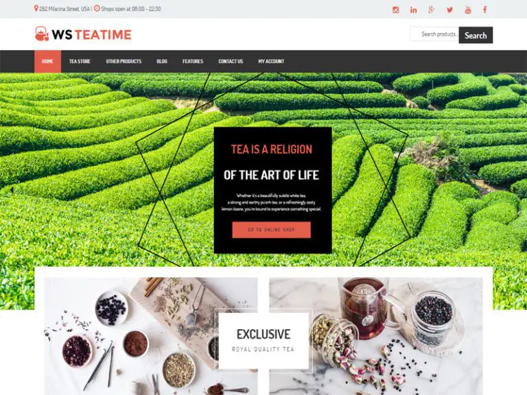 차 가게에 대한 W Teatime 무료 Wordpress Woocommerce 테마