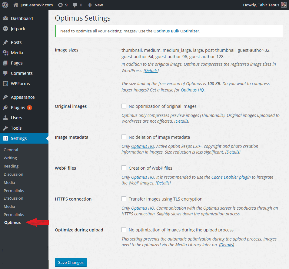 Optimus WordPress 이미지 최적화 플러그인 검토 - 설정