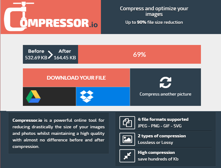 Otimização de imagem gratuita do Compressor.ioserviço de compressão