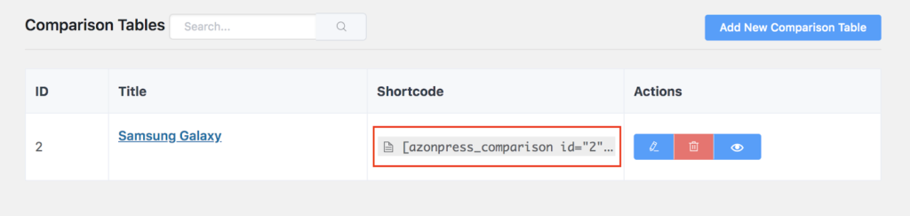 Códigos de acesso da tabela de comparação do AzonPress WordPress