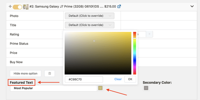 Vous pouvez utiliser l'option Texte en vedette pour mettre en surbrillance l'une des colonnes du tableau de produits du tableau de comparaison.