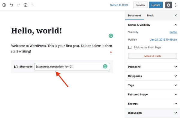 Ajoutez le shortcode d'une table particulière à la page de publication.