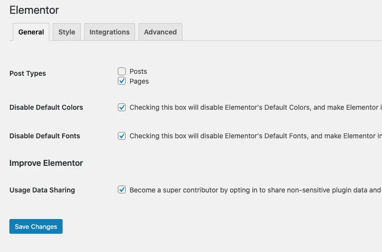 Configurações do Elementor - Desativar para postagens