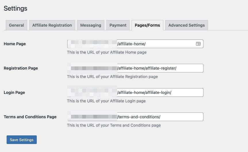 configuración de pago y páginas en el complemento de administrador de afiliados de wordpress