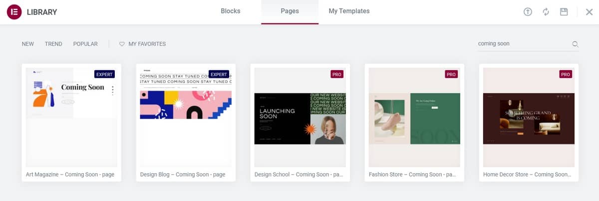 Elementor próximamente plantillas de página