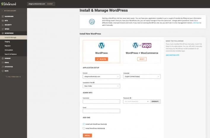 Configuración de WordPress de SiteGround