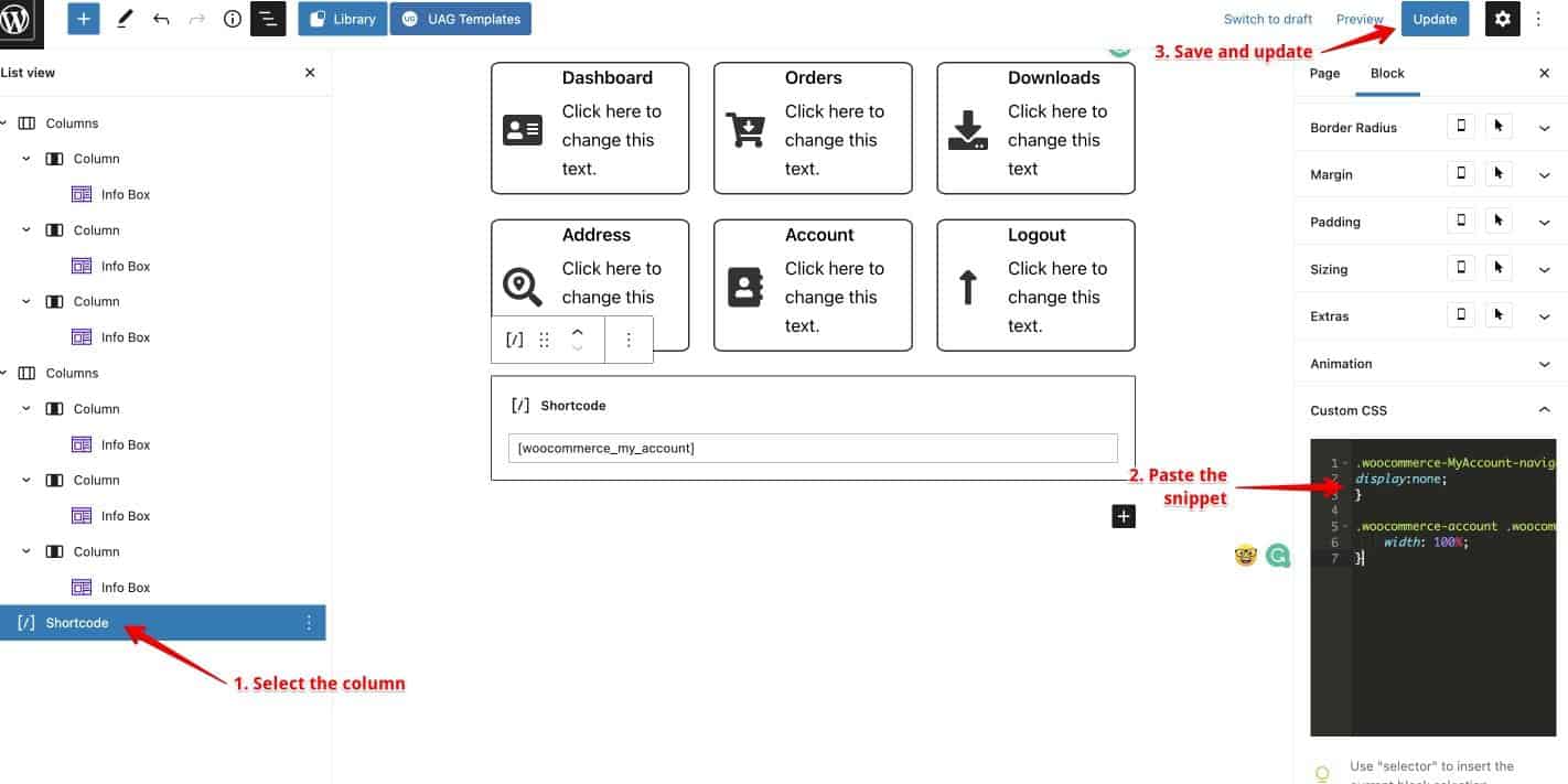 nascondi lo shortcode nella pagina personalizzata del mio account WooCommerce