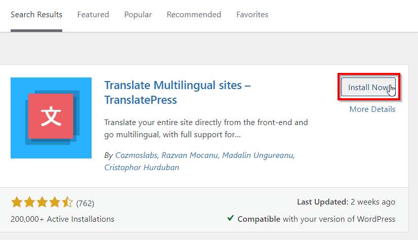 Kliknij Zainstaluj teraz dla TranslatePress