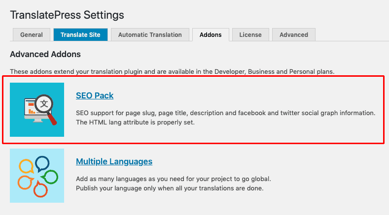 Aktivieren Sie die SEO-Paketerweiterung für TranslatePress