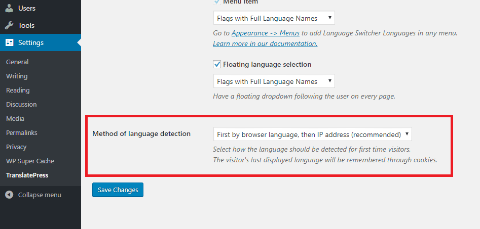 Configurações de detecção de idioma do TranslatePress