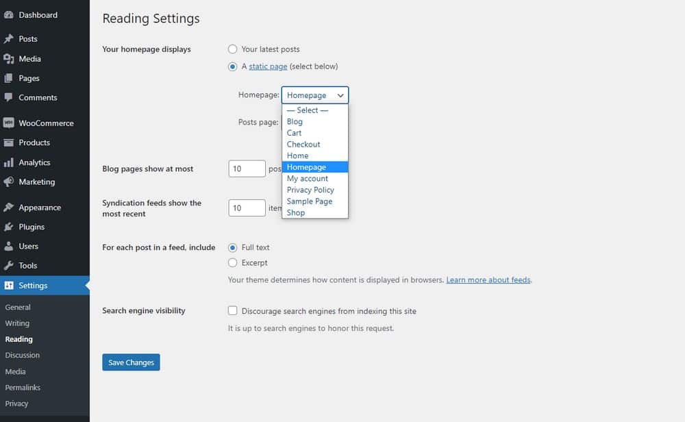 การตั้งค่าการอ่าน WordPress