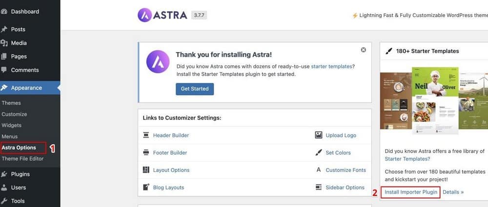 instalar la plantilla de inicio de astra