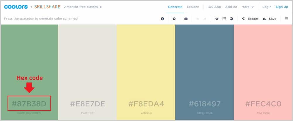 paleta de colores con código hexadecimal