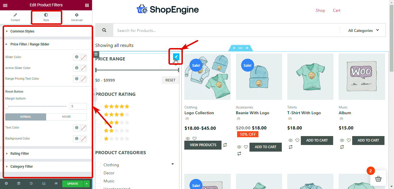 製品フィルタースタイル設定スタイル設定