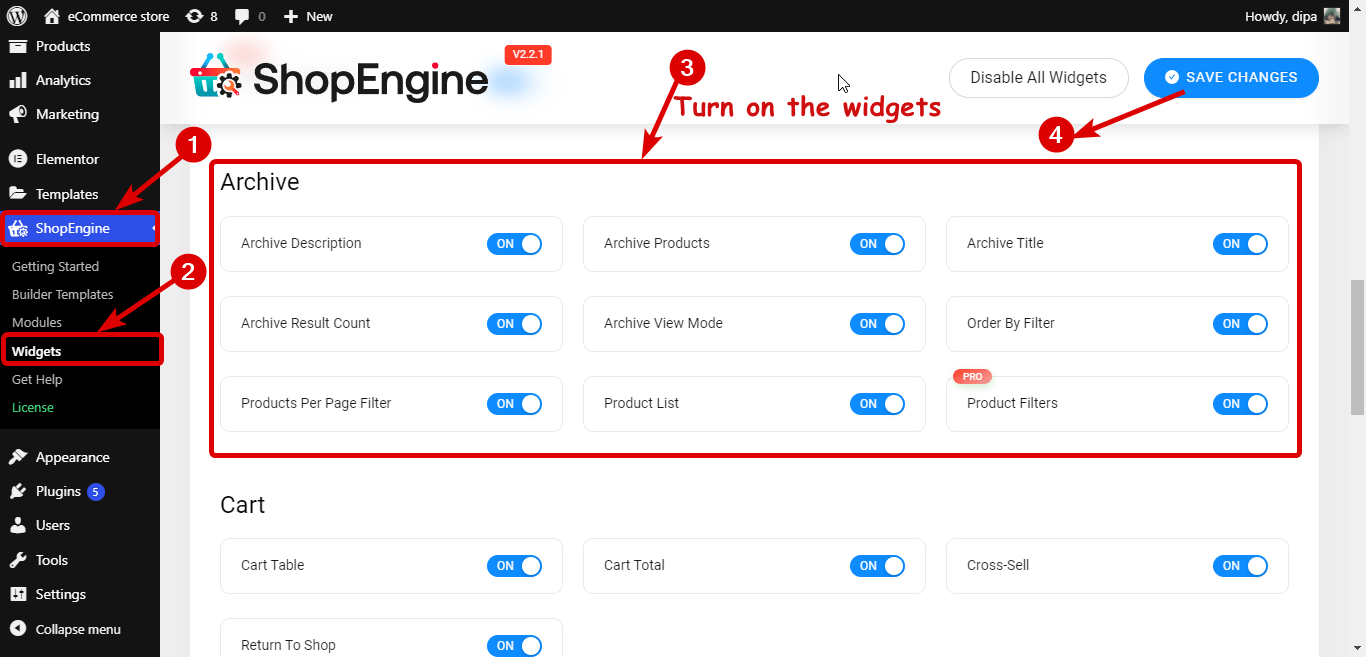 Activați toate widget-urile paginii categoriei ShopEngine