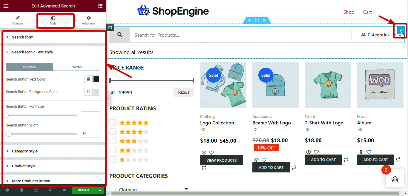 Ändern Sie die Stileinstellungen des erweiterten Such-Widgets