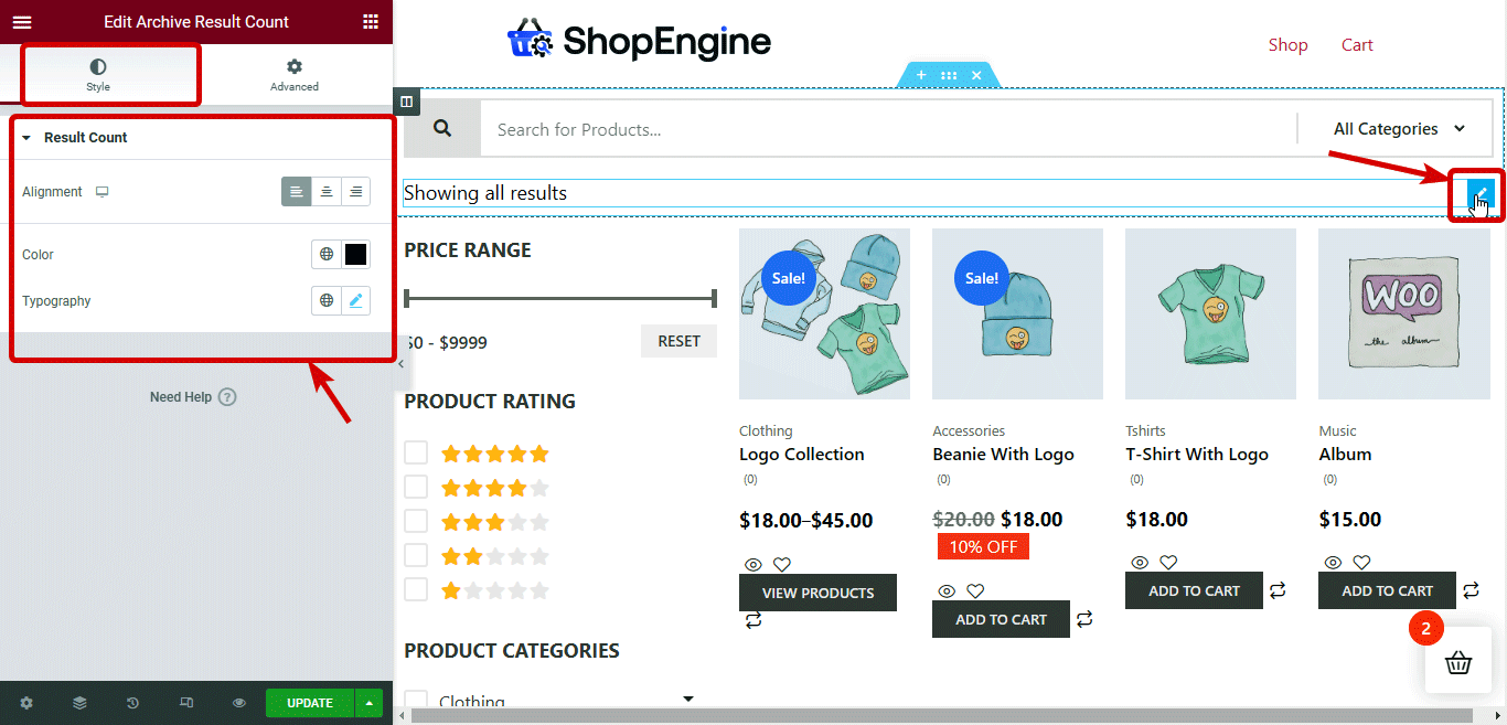 Ergebniszähler-Widget von elementsKit