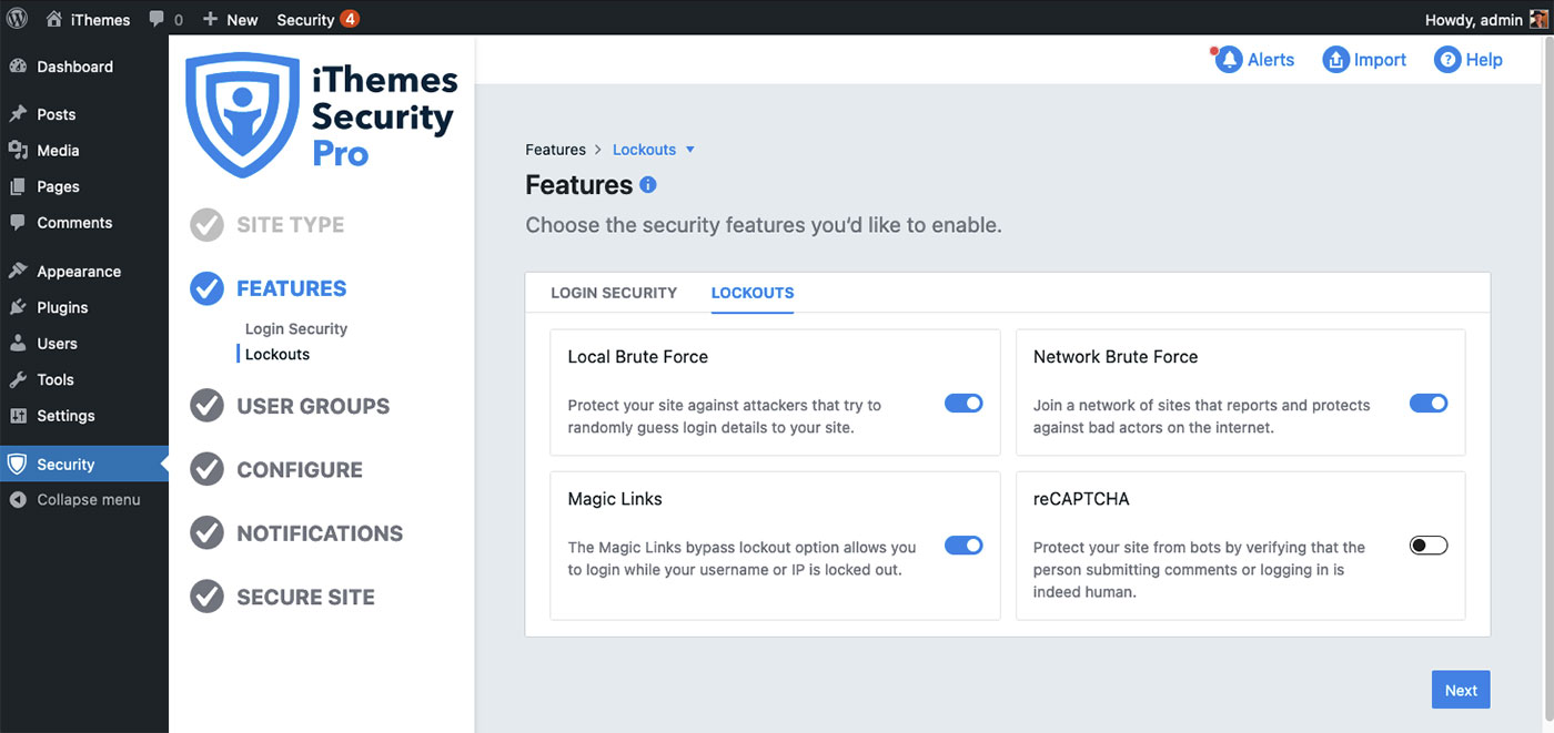 captura de tela do menu iThemes Security