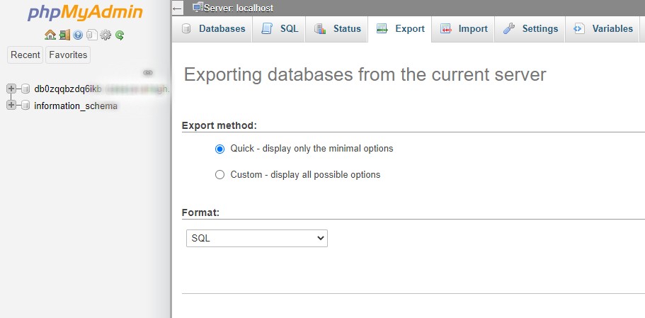 La pestaña Exportar en phpMyAdmin.