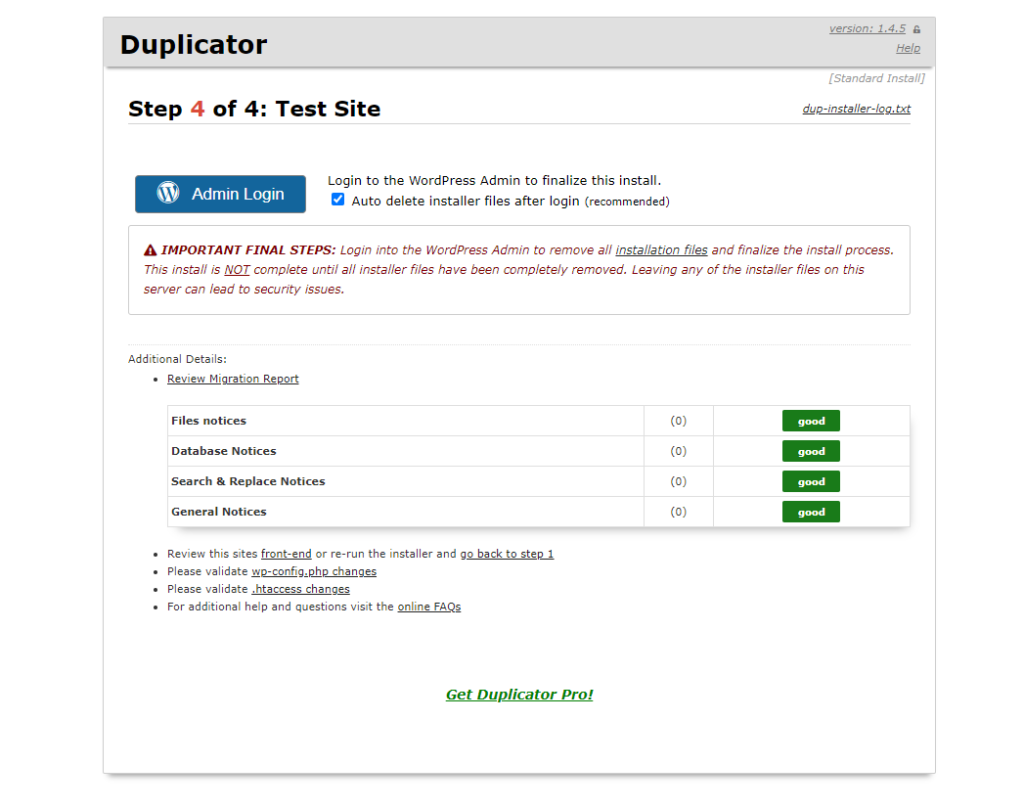 Die Duplicator-Erfolgsmeldung.