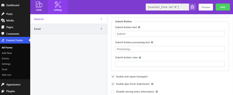 Allgemeine Einstellungen für den Submit-Button