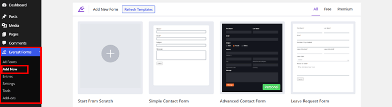 นำทางจาก Everest Forms เพื่อเพิ่มใหม่