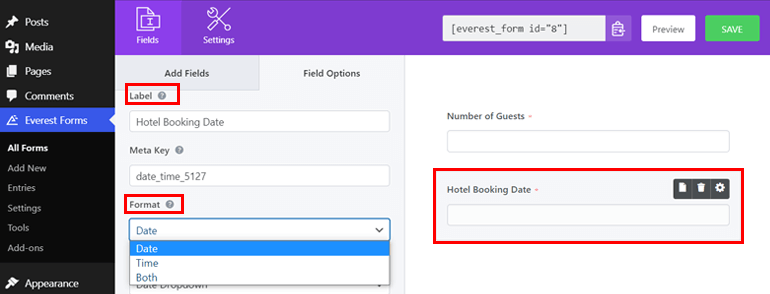 Configuración del campo de fecha y hora Agregar rango de fechas en formularios de WordPress