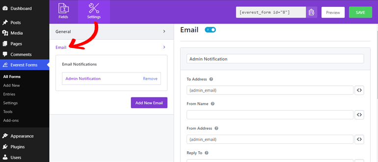 Configurações de notificação por e-mail