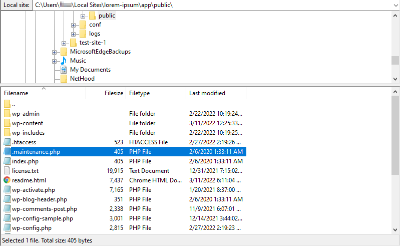 العثور على ملف الصيانة باستخدام Filezilla