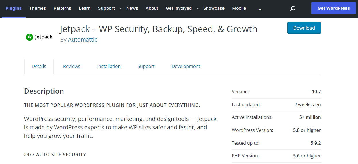 WordPress 插件存储库中的 Jetpack 列表