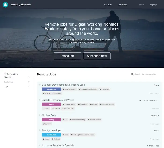 Meilleurs job boards à distance : Working Nomads