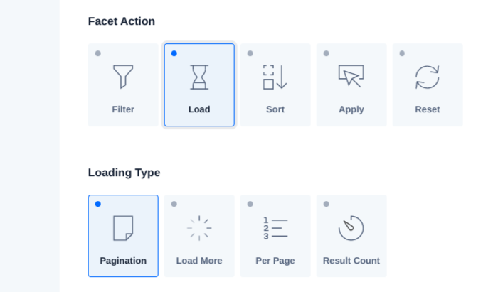 إجراءات الواجهة وخيارات نوع التحميل الخاصة بـ WP Grid Builder.