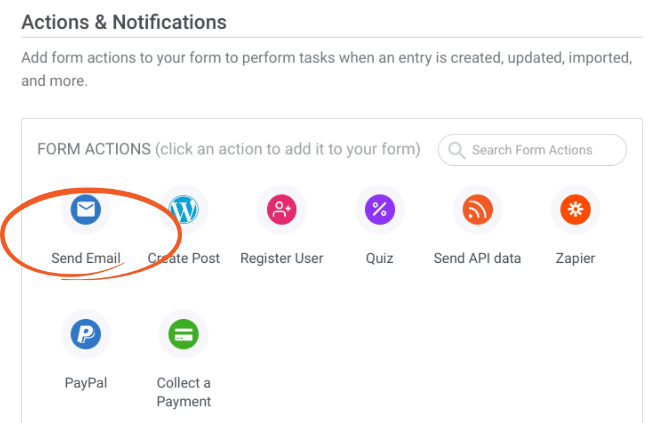 La opción de enviar correo electrónico en Formidable Forms.
