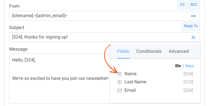 Contoh personalisasi email di plugin Formidable Forms.