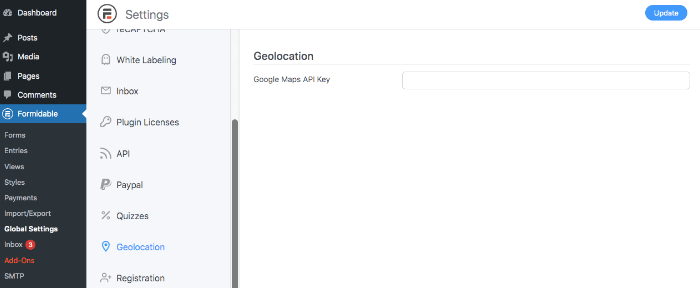 La schermata della chiave API di geolocalizzazione in Formidable Forms.