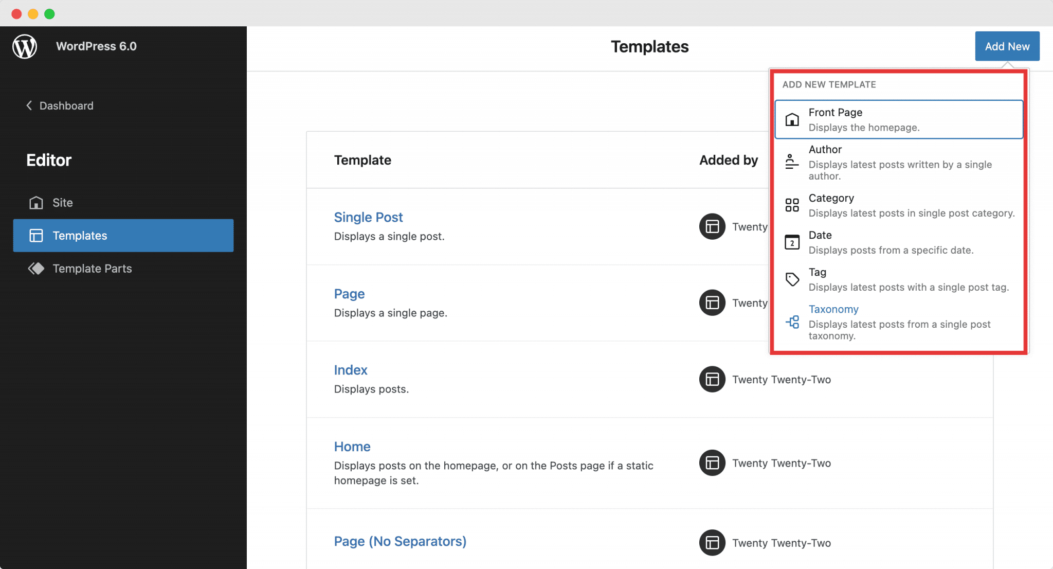 WordPress 6.0 Templates Editor